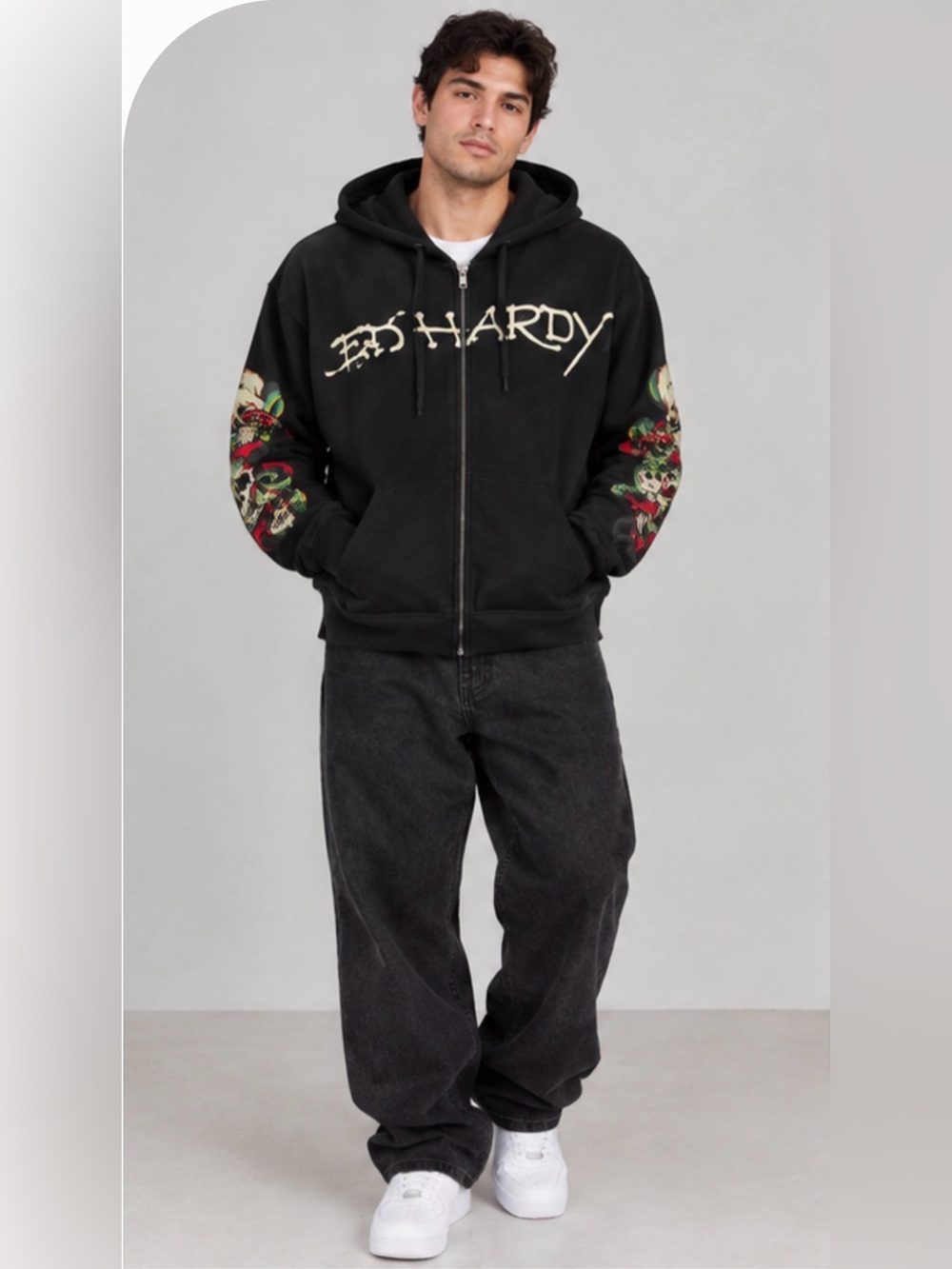 NWT Ed Hardy Skull Snake Full Zip Hoodie Black Graphic Sleeve Men's Size L